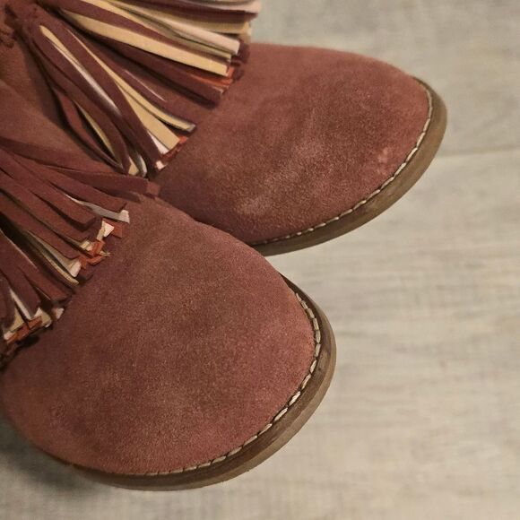 Toms Leila Heeled Mules Sz 8 In Burgundy Genuine Suede Tassel Accent Boho Chic - Picture 9 of 9